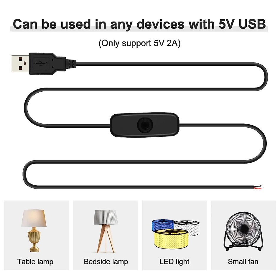 5 В 12 501 провод с кнопкой переключения 22 AWG USB 2 0 2-Pin 2-ядерный 1 м черный белый электронный разъем питания включенным