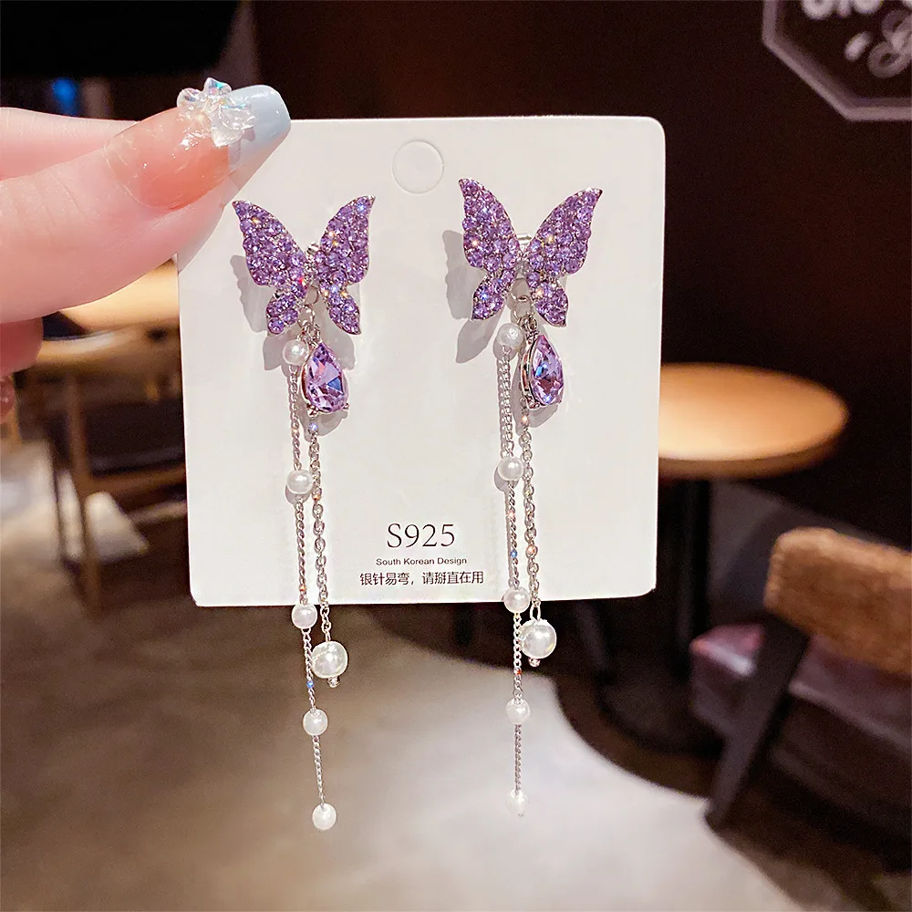 Fashion 925 Silver Needle Earrings Purple Diamond Butterfly Long Pearl Tassel Earrings