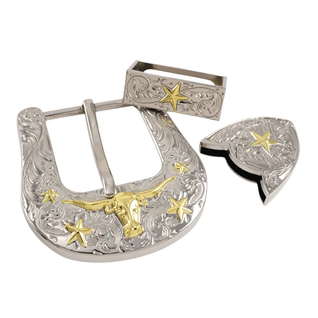 Custom Hebilla De Cinturon Hebillas Vaqueras Metalica Personalizadas 3 Piesas Zinc Alloy Western Cowboy Logo Metal Belt Buckle