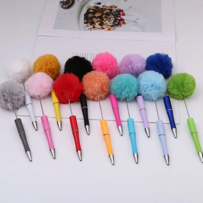 Wholesale Creative Lovely Pompom Bead Pens Handmade Furry Gift Girly Heart Plastic Ballpoint Pen Wholesale