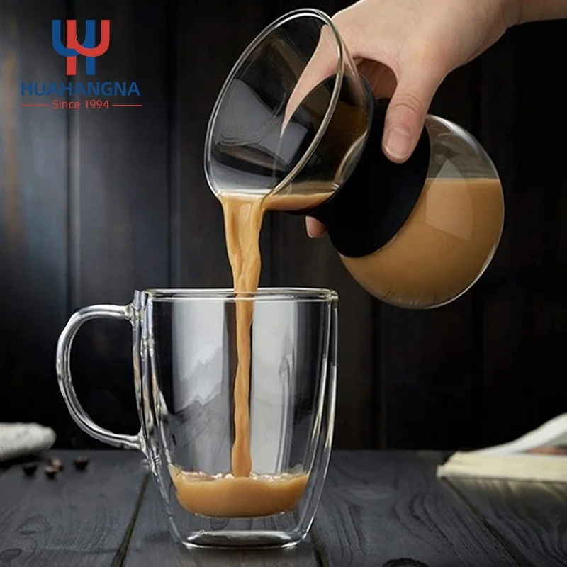 Handblown High Borosilicate Transparent Glass Drinking Mug Double Wall Glass Coffee Cup with Handle