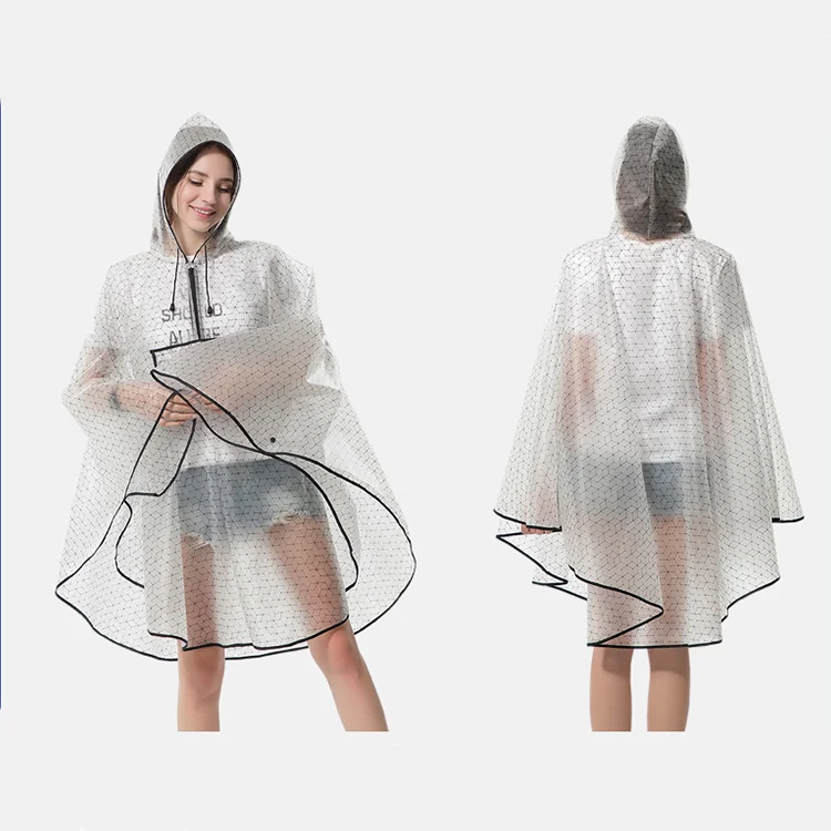 Eco-friendly Soft Semi-transparent EVA Poncho Women Reusable rain poncho waterproof for Traveling