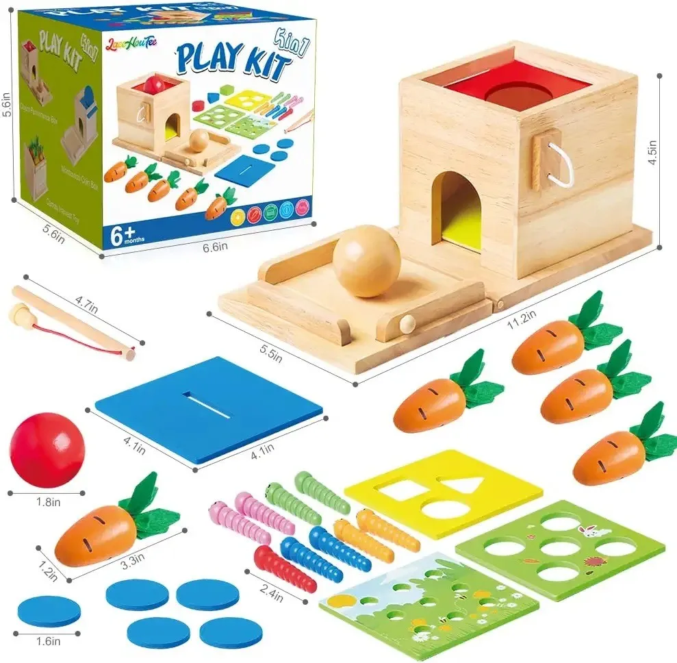 Montessori Early Educational Toy 6 in 1 Wooden Play Kit Coin Ball Object Permanence Box Wooden Pulling Carrot Toys