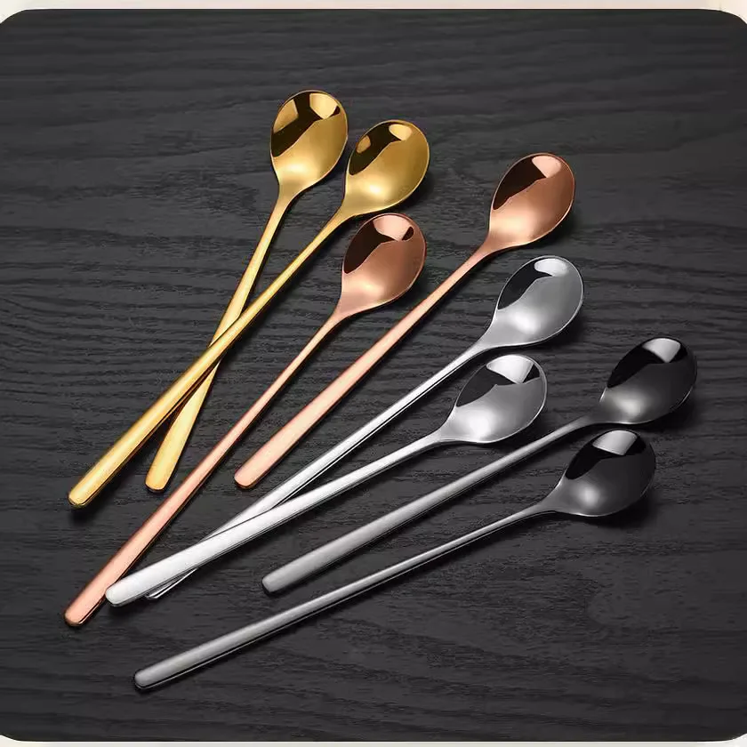 Golden Round Stainless Steel Teaspoon Long Handle Tea Spoon Latte Mixing Gold Cutlery Spoon Set Ice Cream Coffee Spoons
