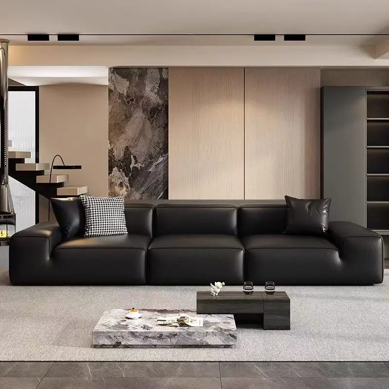 Black cow leather sofa living room Italian minimalist layer cowhide black tofu block all real leather sofa