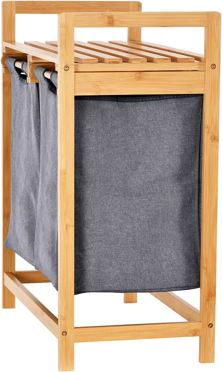 Bamboo Double Storage Laundry Hamper Storage Cart Laundry Bags Baskets With Lids Laundry Room Organizer Bathroom Accessories