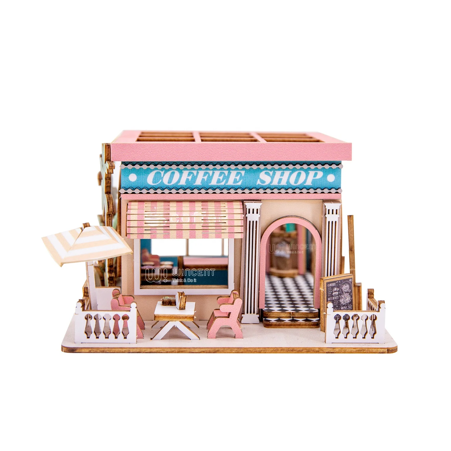 Wincent Wholesale Coffee Shop Style Wood doll house Diy 3d Miniature Dollhouse Kit For Girl