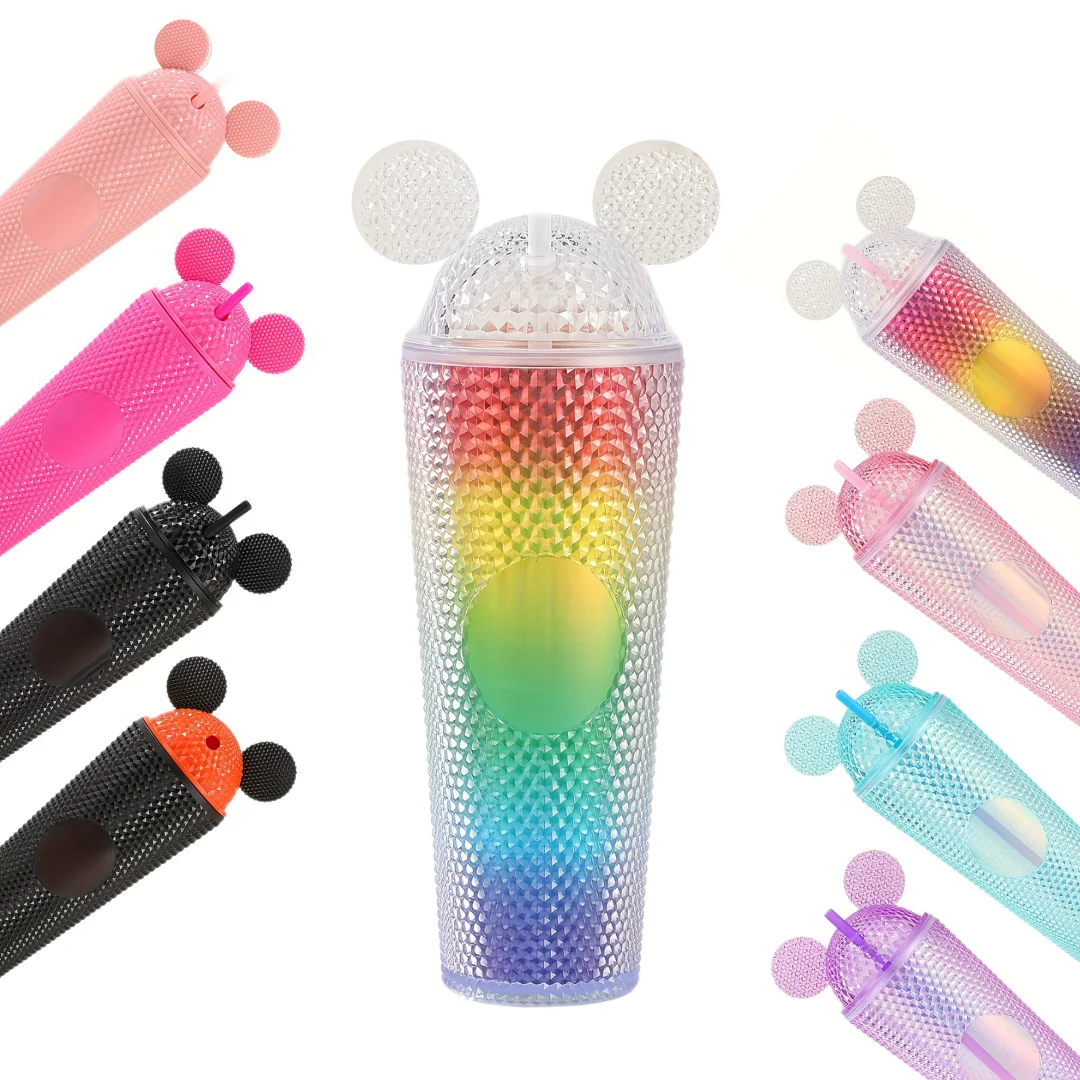 New Style Custom 24oz Double Wall Acrylic Diamond Twinkles Studded Mickey Plastic Cups with Dome Lid And Straw For Gift