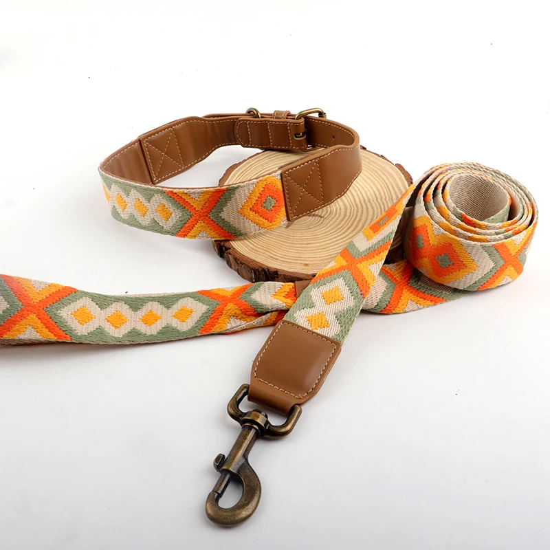 Luxury Durable Genuine Leather Jacquard Nylon Material Dog Collar And Leash Set With Bronze Buckle