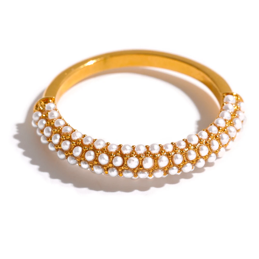 JINYOU 841 Elegant Artificial Pearls Stainless Steel Charm Chic Ring 18K Gold Plated Waterproof Trendy Fashion Romantic Jewelry