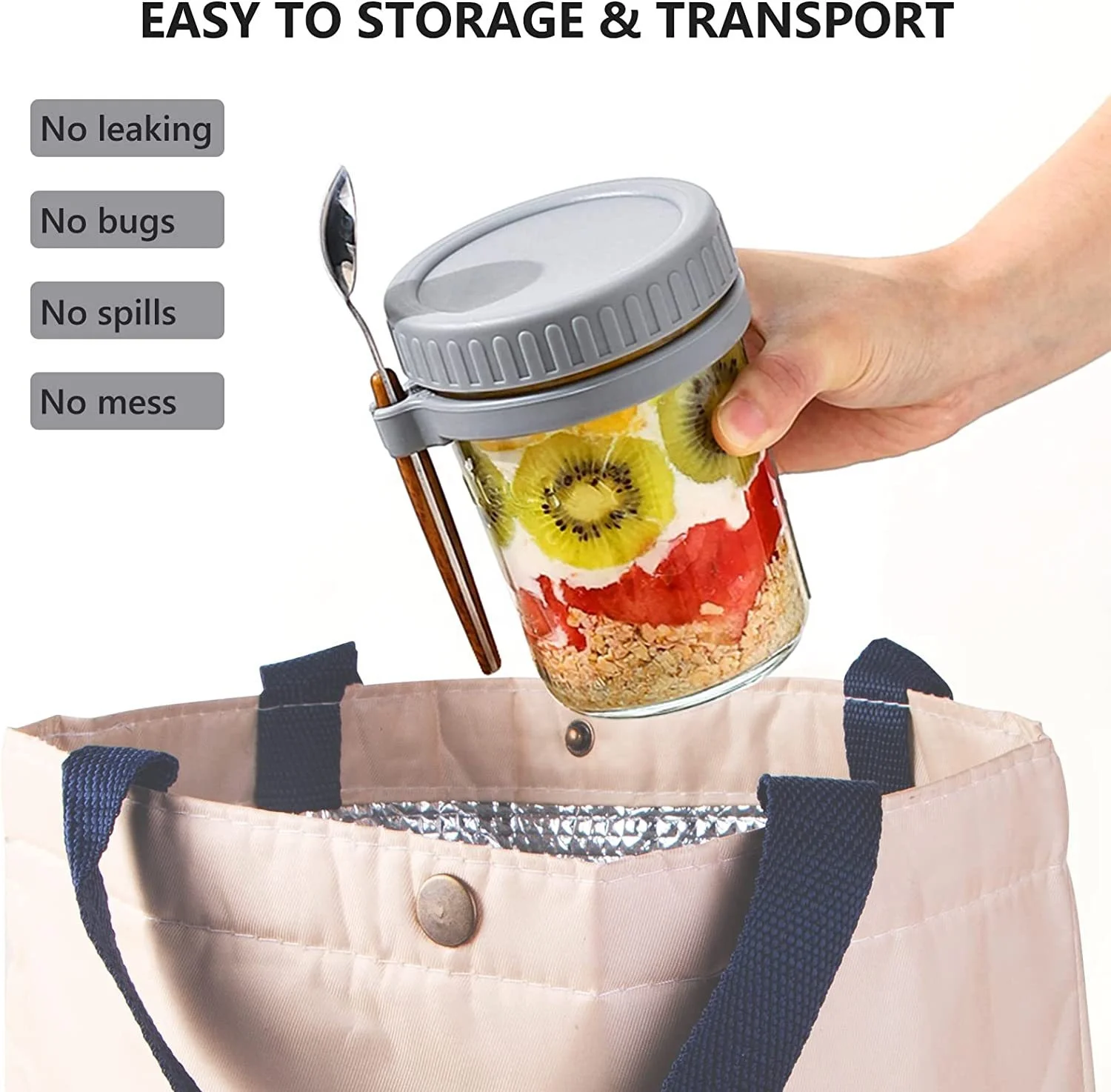 Portable 16oz 10oz Glass Breakfast Jars Glass Sala Overnight Oats Jar