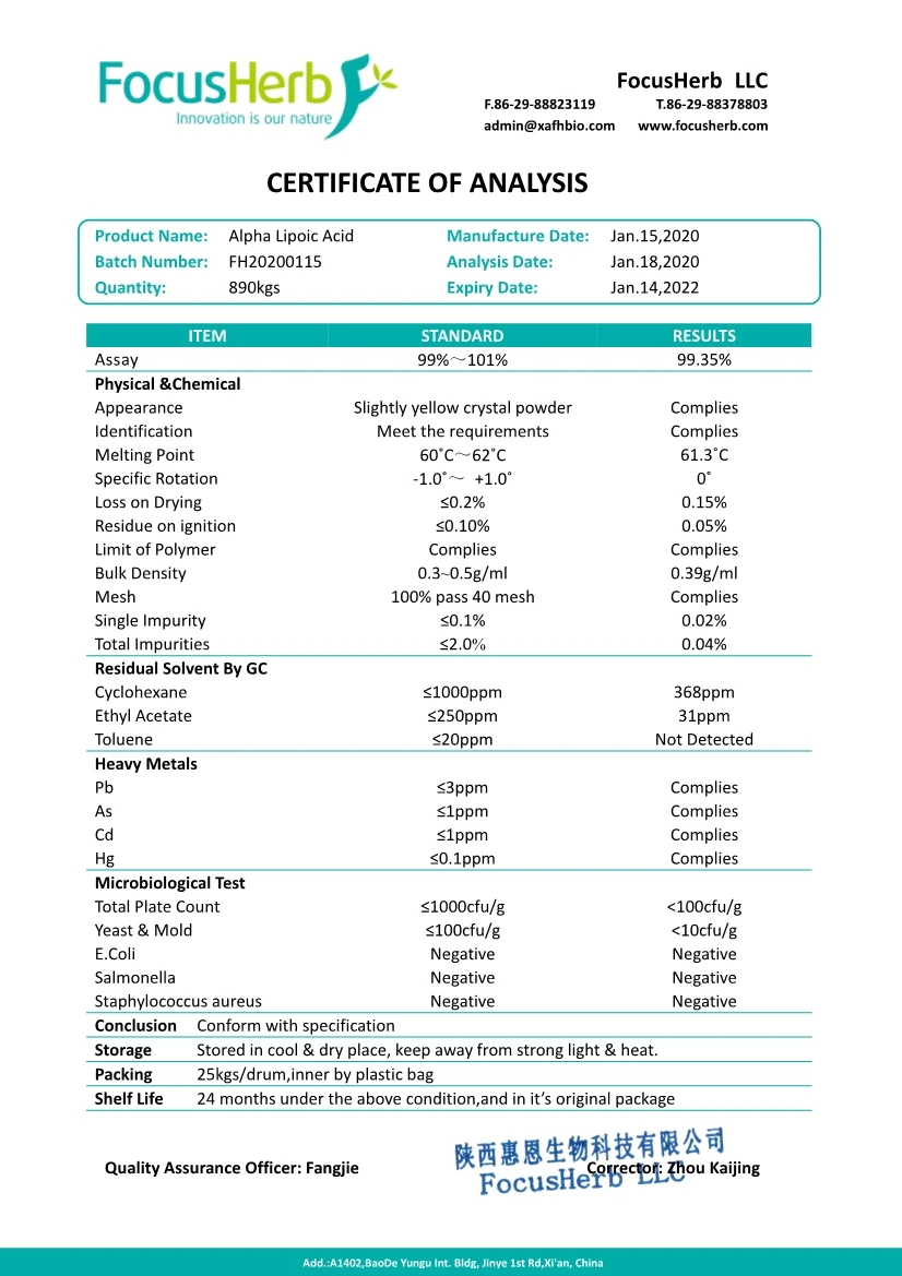
Focusherb Manufacturer Supply antioxidant Alpha Lipoic Acid 