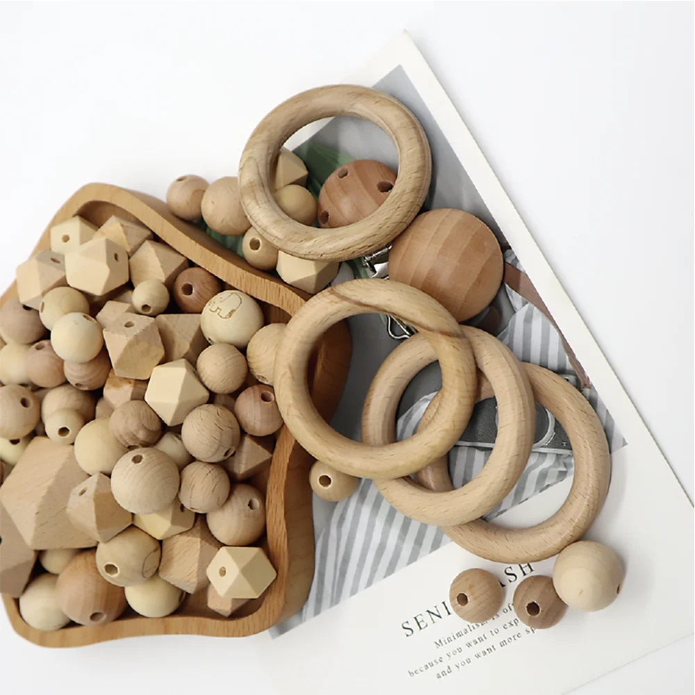 Eco-friendly Natural and beech hexagon wood beads for wooden silicone pacifier clip
