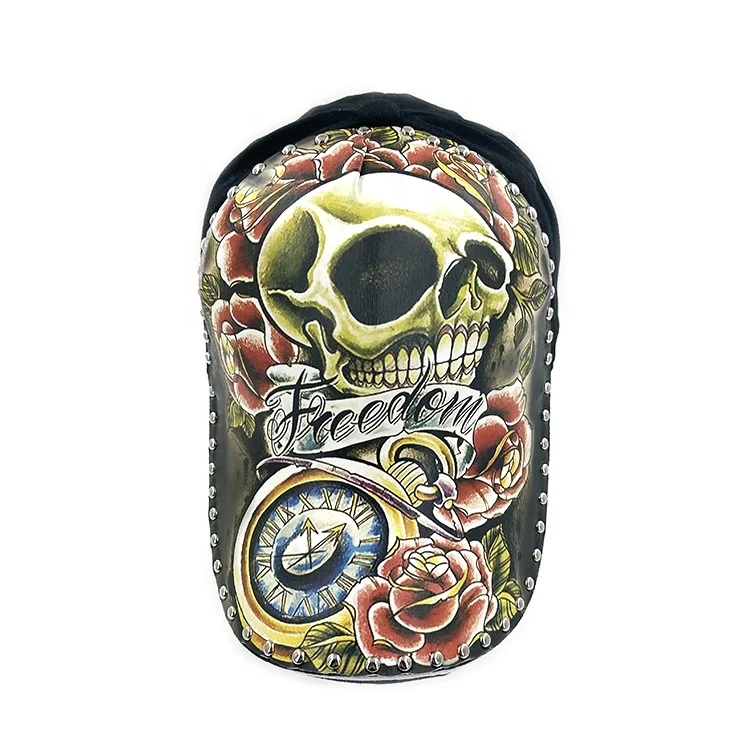 Wholesale Plain 6 Panel Unisex Rivet Skull Curved Sports Custom Logo Baseball Cap Hat Ponytail Hat