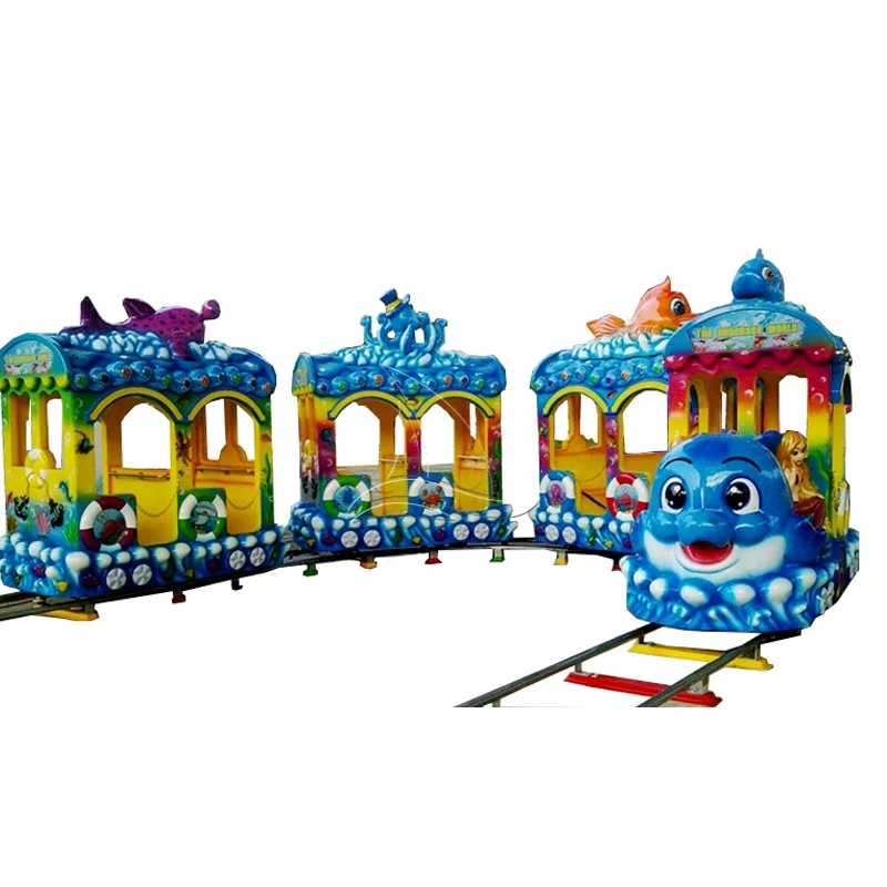 Fun fair theme park children ocean train ride outdoor electric train on ride with tracks for kids