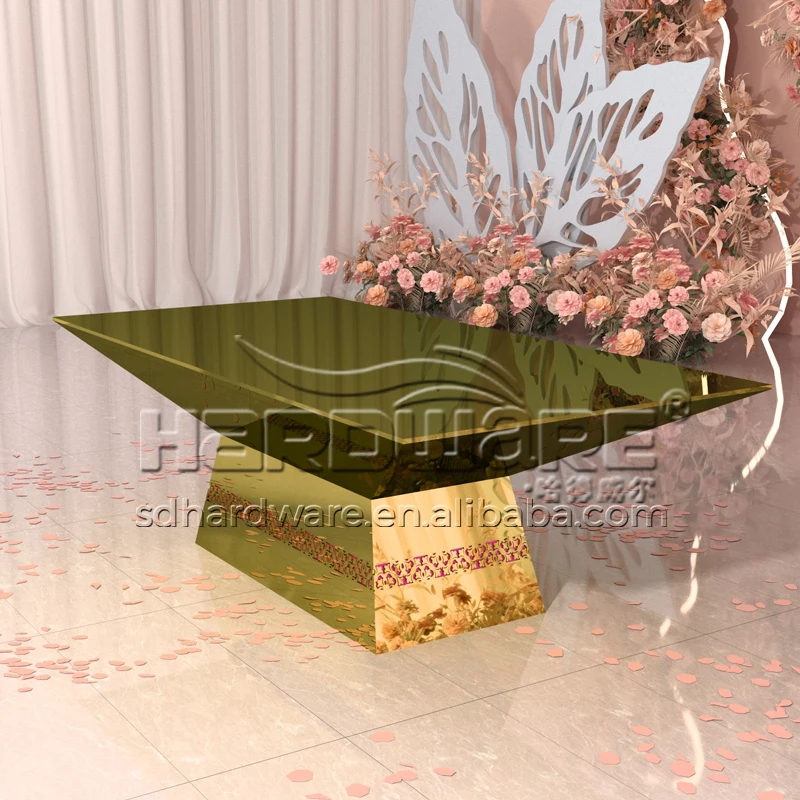 New Design Golden Glass Top Long Led Illuminated Wedding Dining Table Led