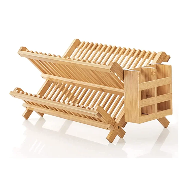 durable bamboo wood  kitchen plate rack bamboo collapsible dish drying rack
