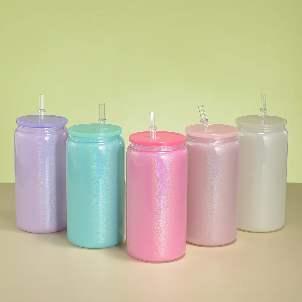 2024 New Design 16oz Shimmer Sublimation Beer Glass Can with Lid and Straw Sparkling Rainbow Iridescent Glass juice cups Tumbler