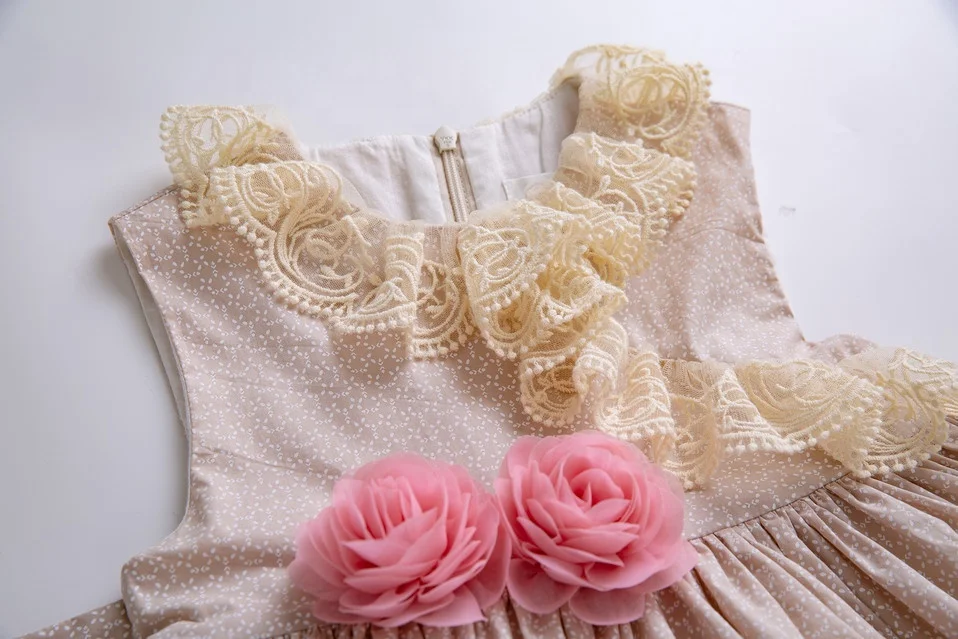 OEM Pettigirl Beige Girl Dress With Pink Flower Lovely Girls Dress For Wedding Summer Child Clothing