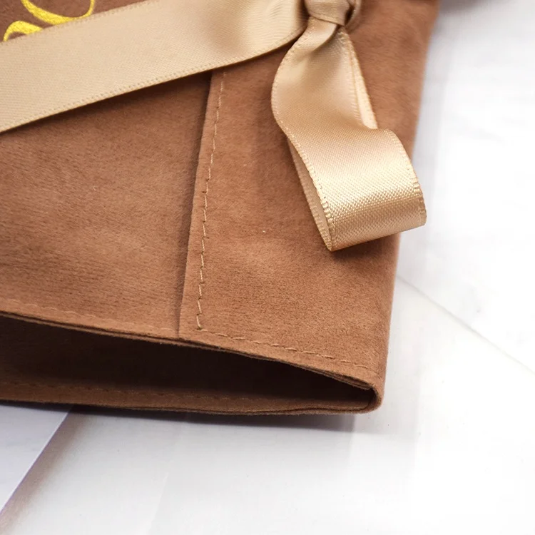 Custom logo printed cosmetic perfume bag luxury brown envelope flap suede jewelry pouch