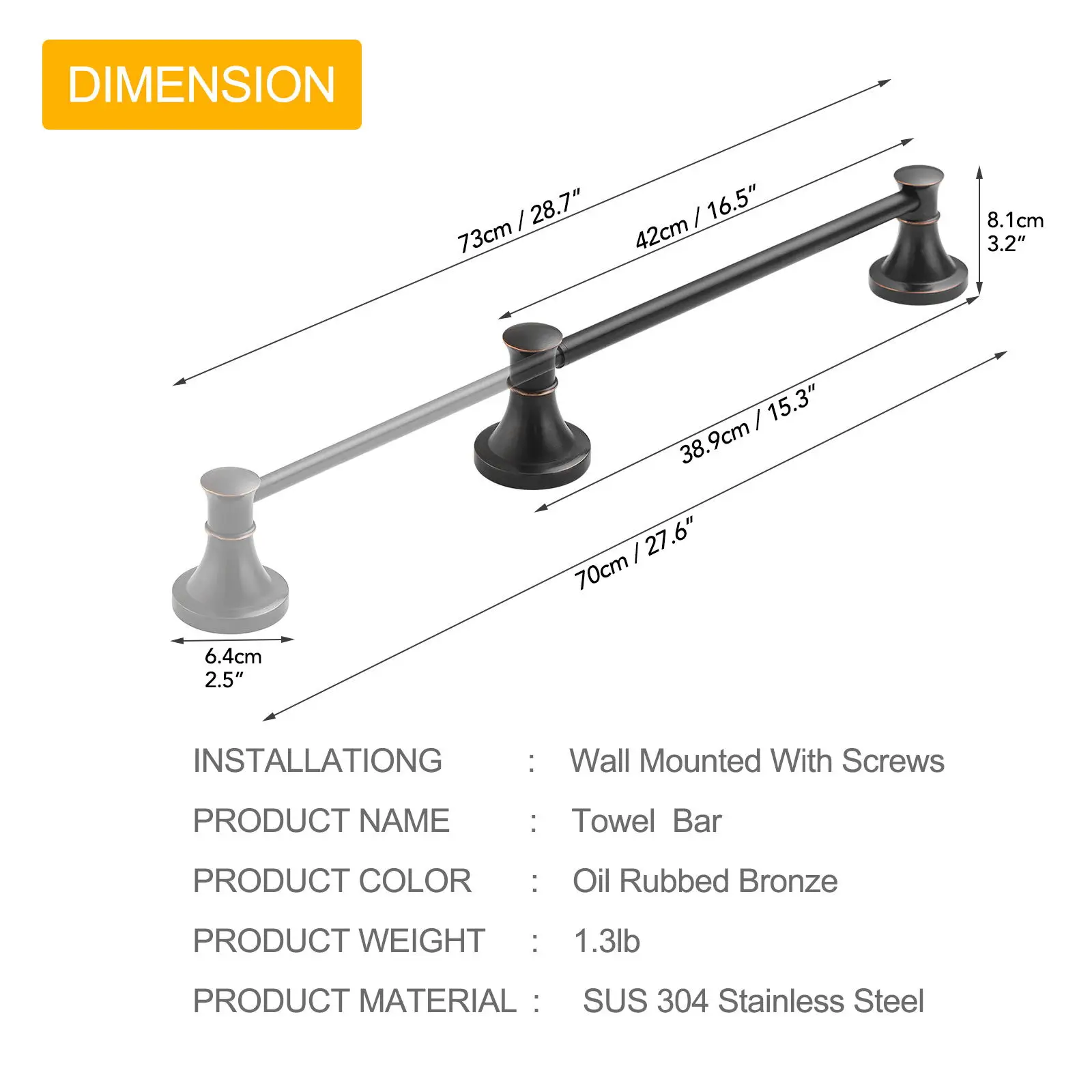 Stainless Steel Bathroom Accessories Wall Mounted Toilet Towel Rail Holder Single Towel Bar Rack