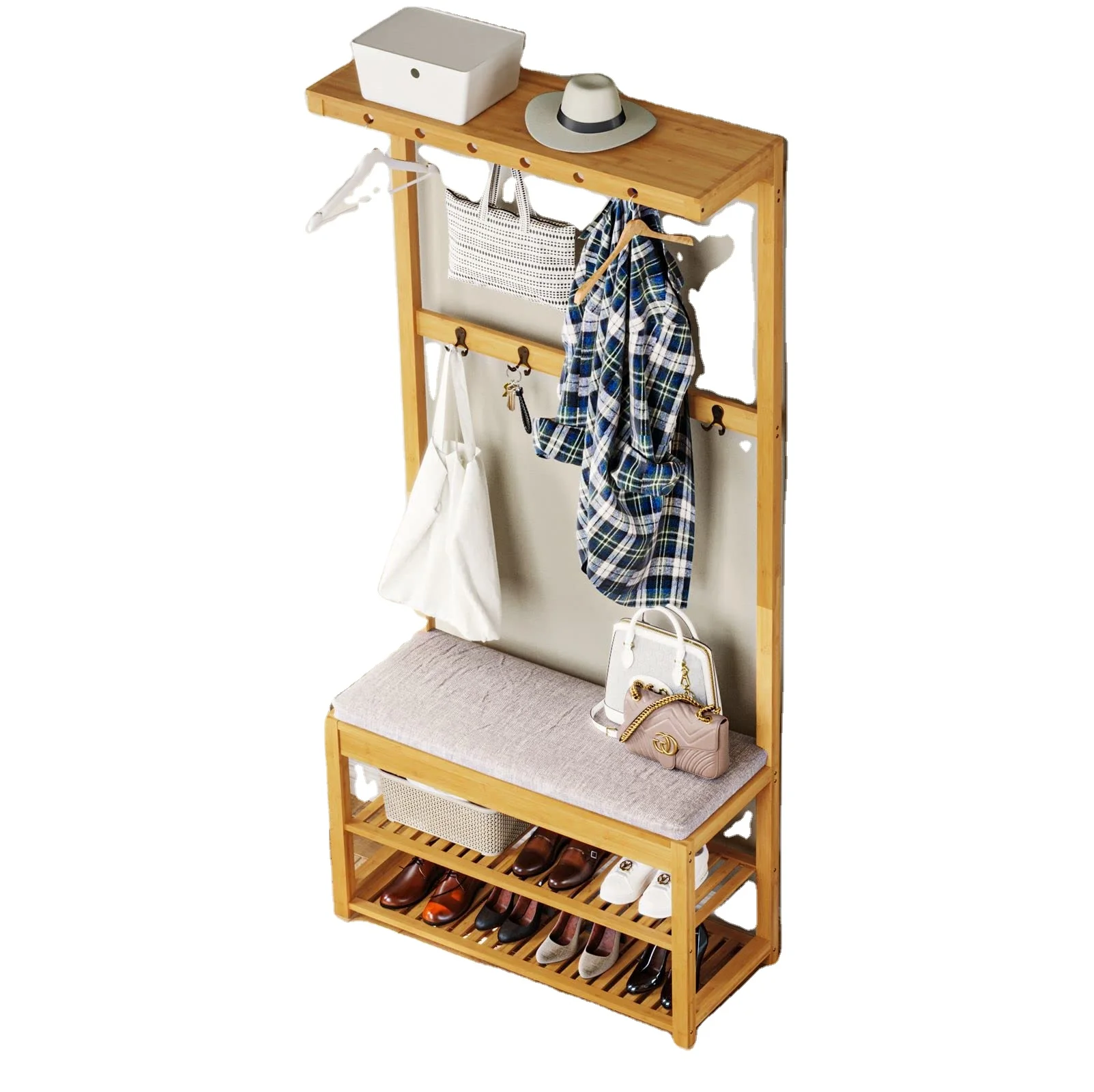 Wholesale Price Standing Coat Rack  5 Tier Shoe Rack Bamboo Cloth Coat Racks