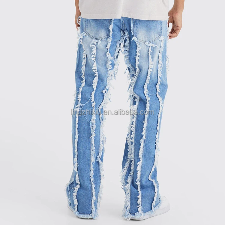 New Arrival Street Style Casual Plain Loose Oversized Antique Wash Cotton Denim Jeans Baggy Frayed Edge Jeans