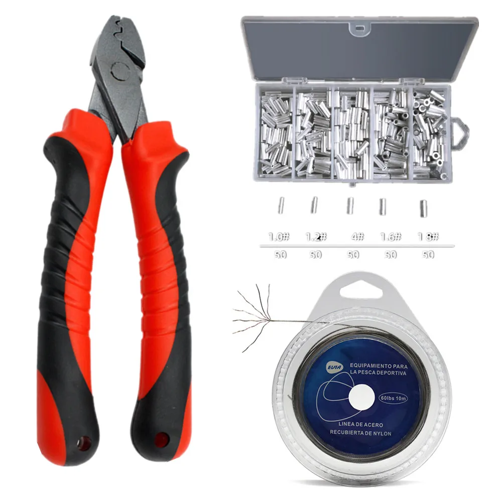 High Carbon Steel Fishing Pliers 10m 7 Strands 60LB Braided Steel Wire Leader 250pcs Single Tube Fishing Crimp Tools Sleeves Set