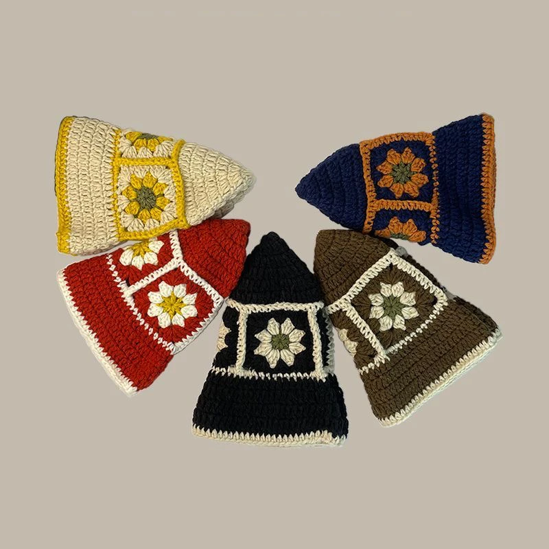 Ladies Fashion Handmade Stylish Crotched Knitted Bucket Hat Hollow Flower Casual Fisherman Hat