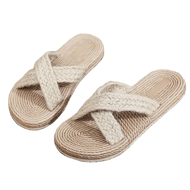 Wholesale  Women Slippers Minimalist Cross Band Women Slide Sandals  Hemp Rope Slides  Straw Straps Beach Flat Slides Slippers