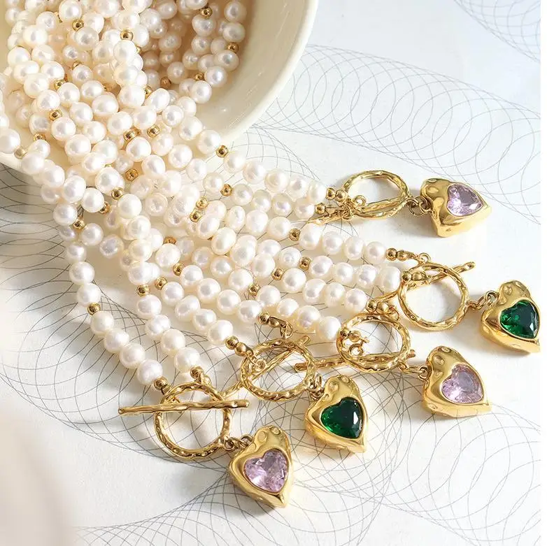 Aretas Romantic Jewelry Vintage Necklace Stainless Steel Freshwater Pearl Chain Emerald Pink Stone Heart Necklace Sets