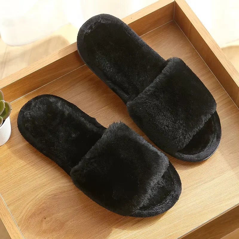 Wholesale open toe soft fashion winter lady men slides plush slippers for women cotton house shoes