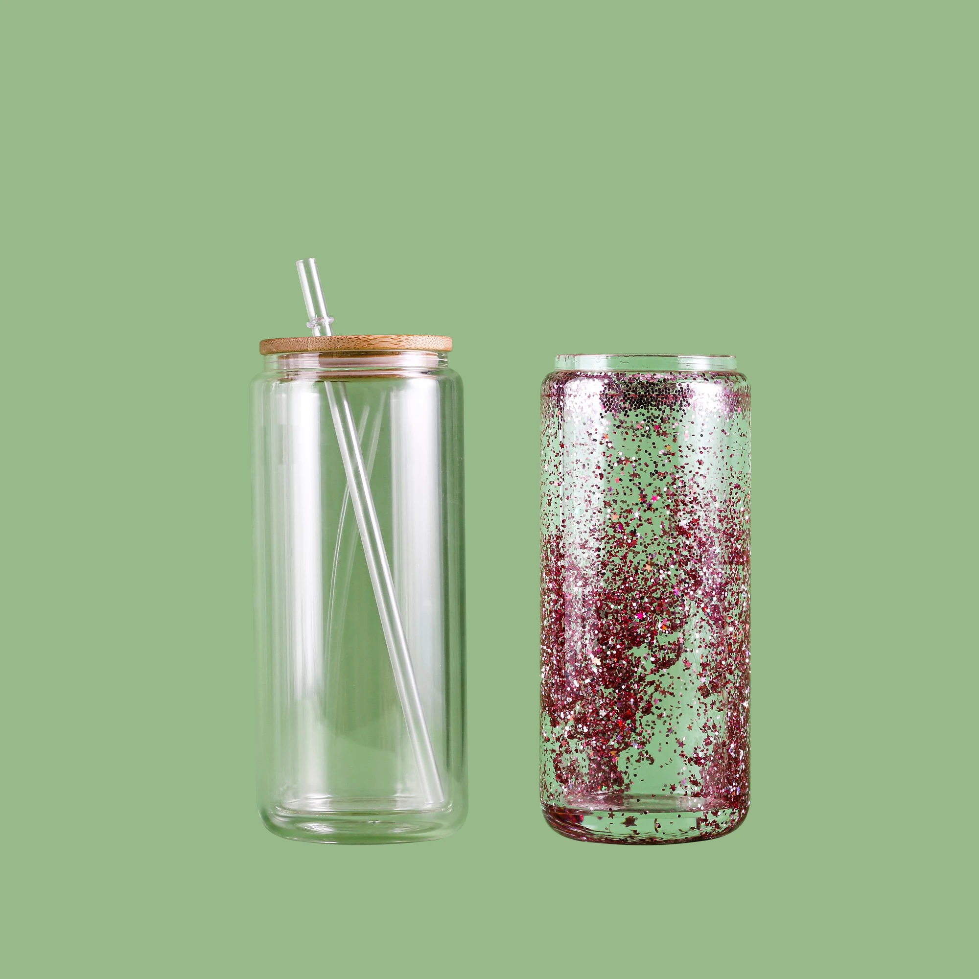 USA WAREHOUSE 16oz 20oz double wall glass snow globe snowglobe   tumbler with bamboo lid and straw