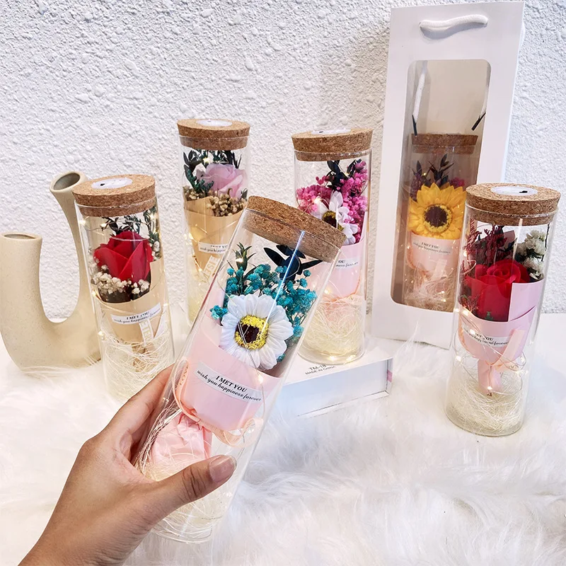 Preserved Flowers Real Eternal Roses Gypsophila Dried Flower Sunflower Rose Bouquet Decoration Preserved Flowers in Dome