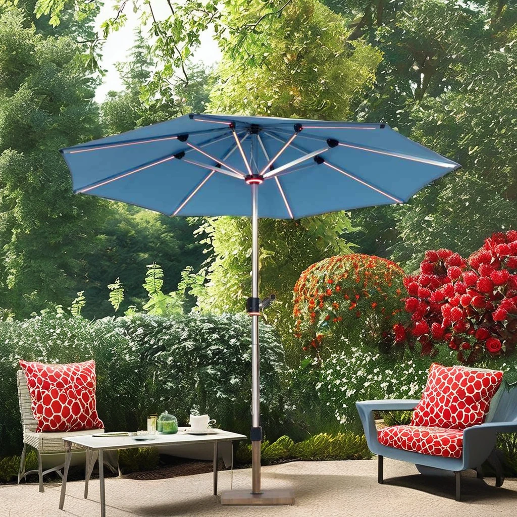 3M aluminum frame outdoor solar led lighted patio umbrella with variable color led strip lights fairy lights UV resistant fabric