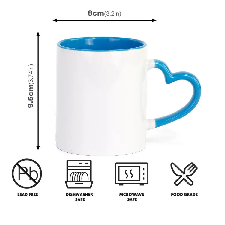 Wholesale Colourful Heart Shaped Handle White Blank Mug Sublimation 11OZ Inner Color Ceramic Mugs
