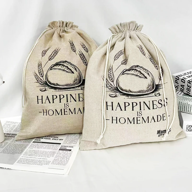 Custom Brand Logo Eco friendly Drawstring Reusable Bread Bags Cotton Linen Baking Food Bags For Bakery