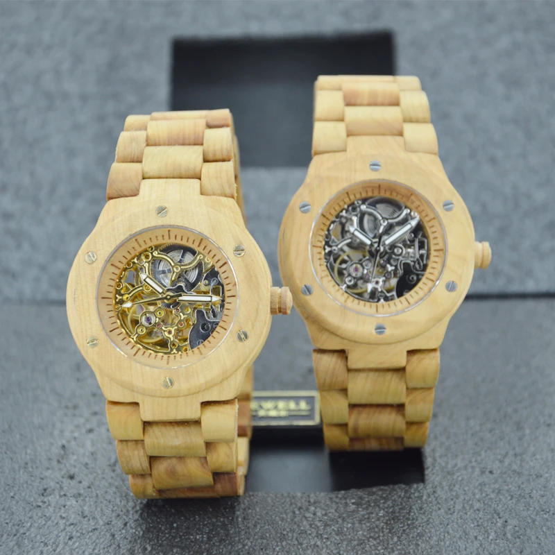 Chinese custom logo skeleton mechanical automatic wood watch with a wood box for watch