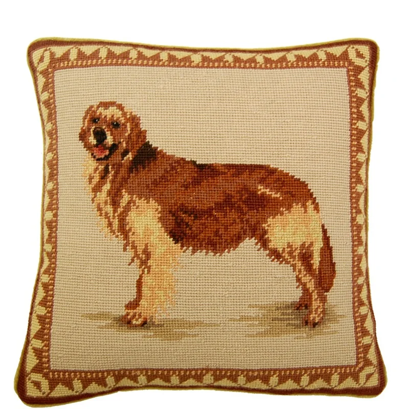 Custom Elegant Handmade Golden Retriever Decorative Needlepoint Cotton Pillow