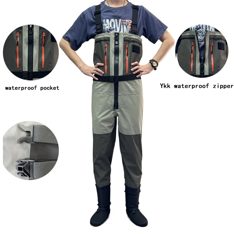 Well-known OEM factory Ykk waterproof zipper 3 layer  Breathable and moisture-permeable fishing wader with Neoprene stocking