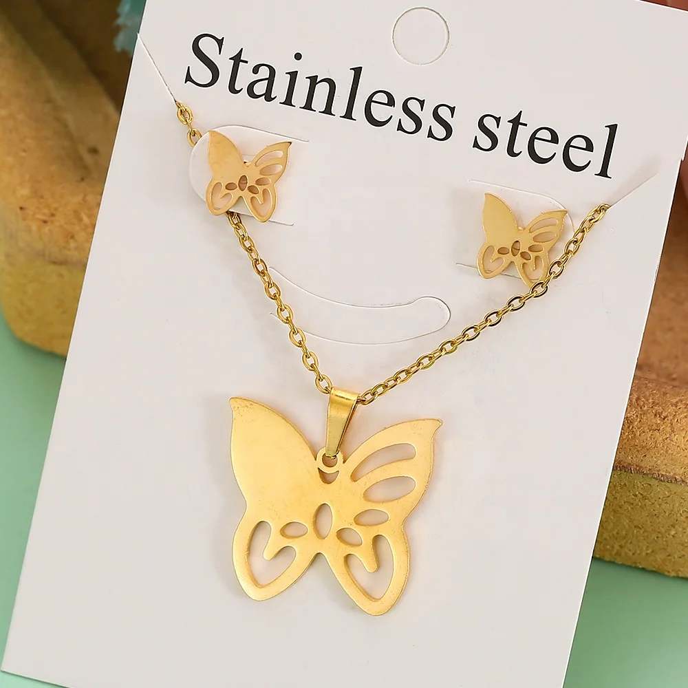 Stainless Steel ECG Pendant Butterfly Heart Charms Necklace Earrings Set for Women Gold Plated Wedding Jewelry Sets