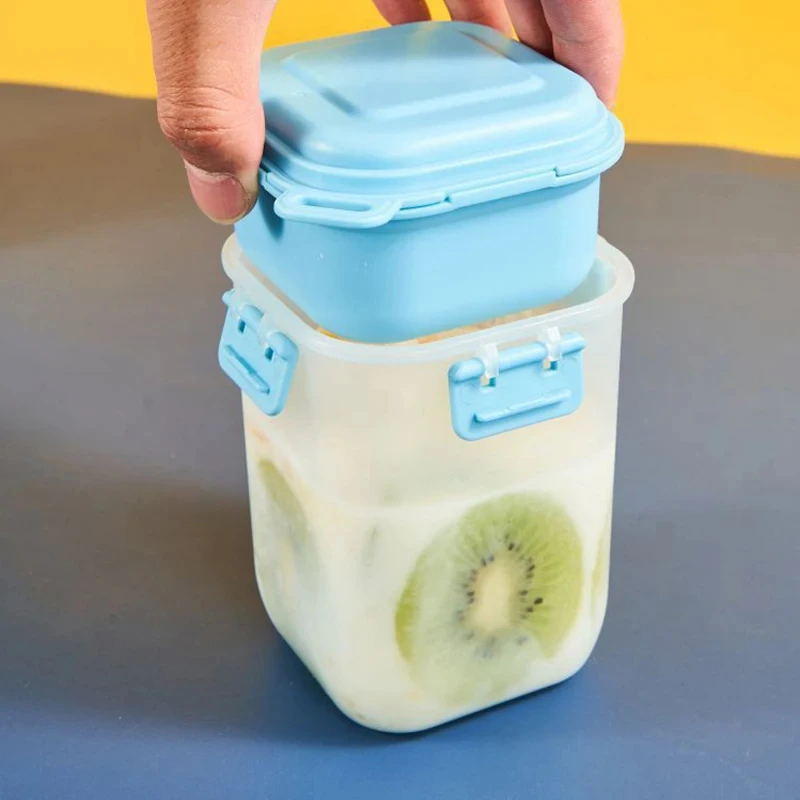 1Pc Portable Bilayer Salad Cup Breakfast Plastic Cup With Spoon Detachable Ice Box Seal Preservation For Storing Milk Fruits