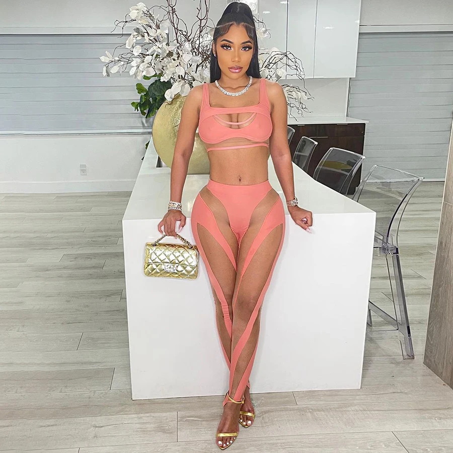 K22S13751 Mesh Patchwork Two Piece Outfit See Through Tank Top Tight Pant High Street Women Set