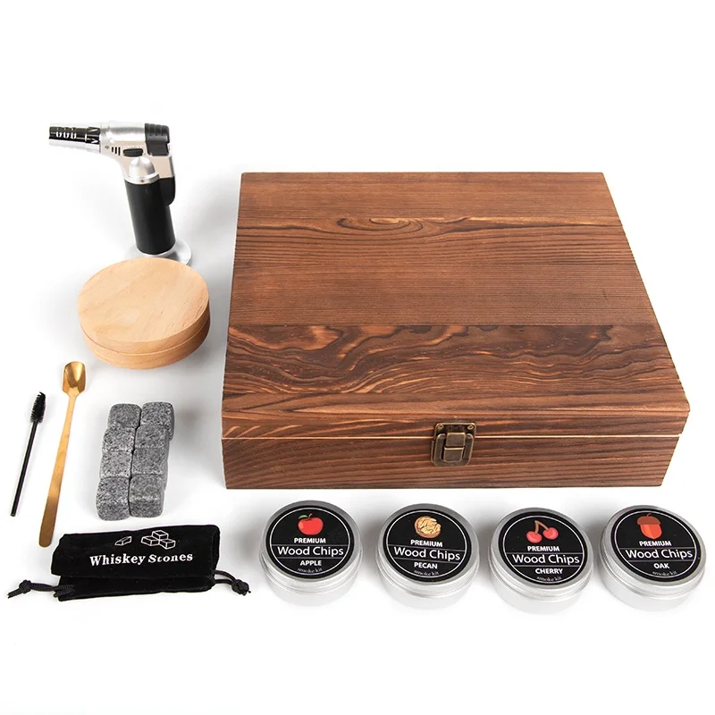 Luxury Wooden Cocktail Smoker Kit Creative Rotating Glass Handmade Cocktail Chimney Smoker With Wood Chips Whiskey Smoker Set