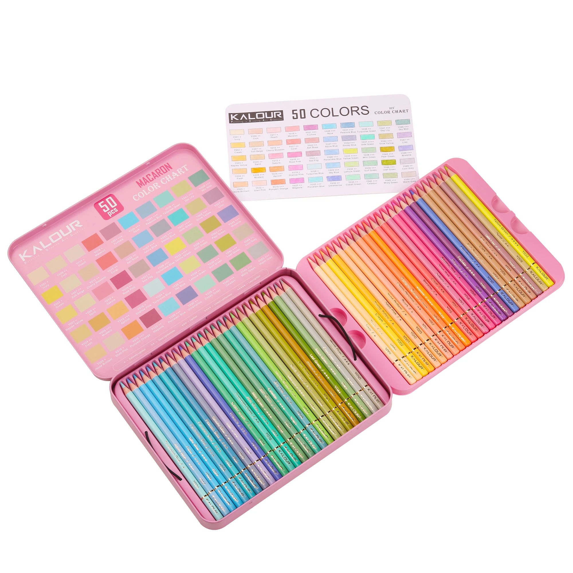 KALOUR Hot Sale High grade Vibrant Colors Soft Core Oil based 50pcs Macaron Pencil Colored Pencils in Tin Box