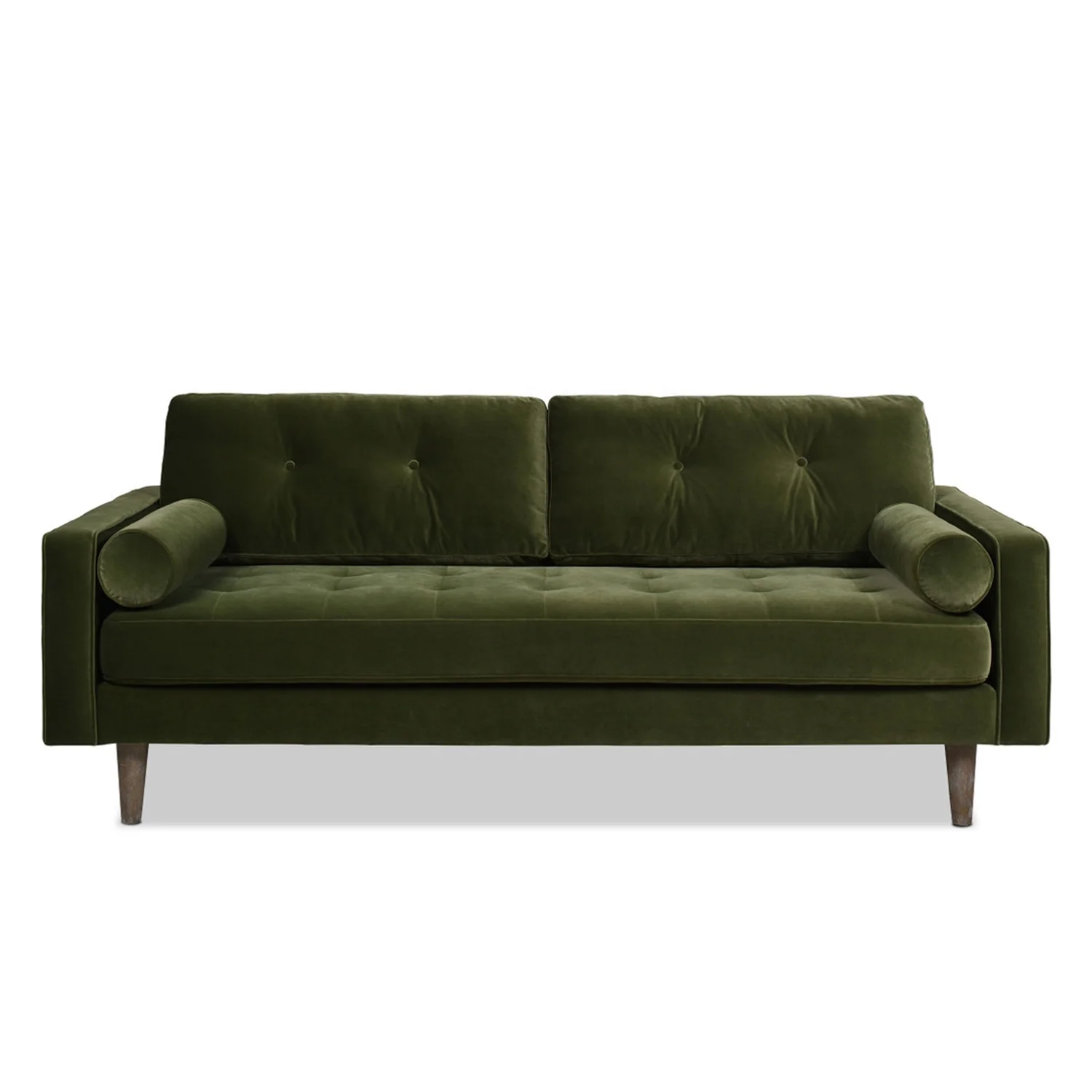 Mid-Century Modern Design Wooden Frame Green Velvet Fabric Square Tufted Seat Living Room Loveseat Sofa
