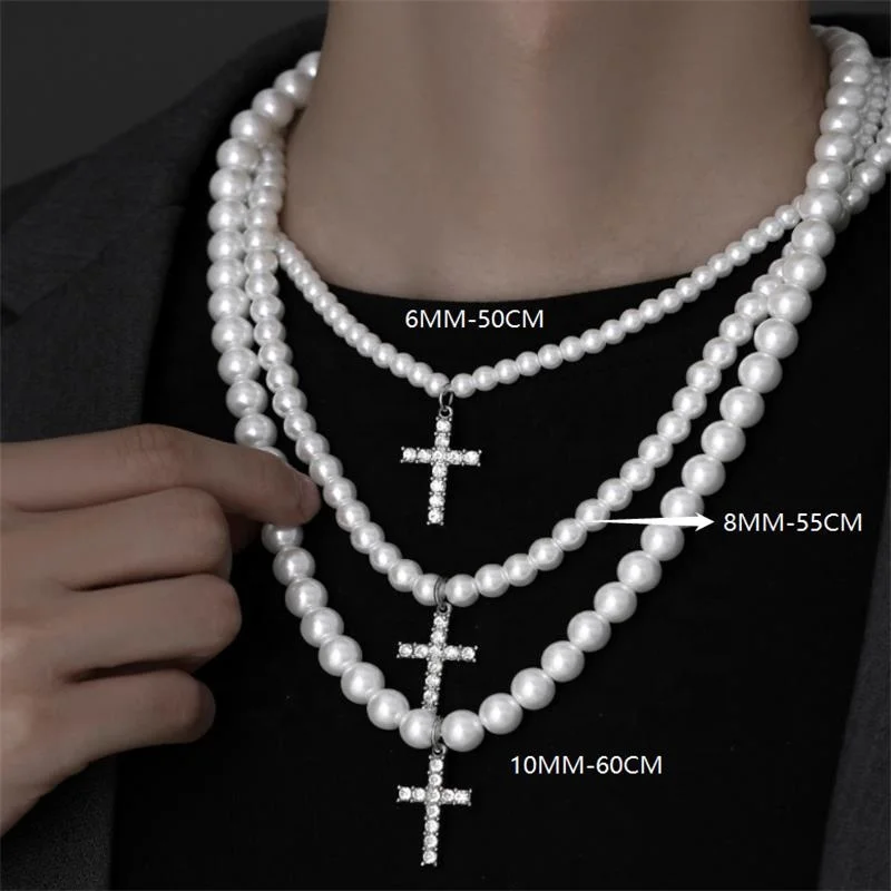 Factory wholesale hip hop 6MM 8MM 10MM glass pearl chain with stainless steel cross pendant necklace