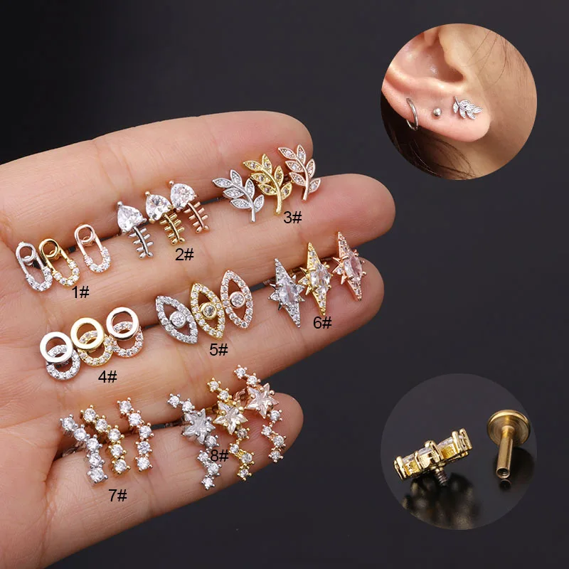21010102 Stainless Steel Threaded Lip Stud inner Ear Stud Mini Earrings Crystal Screw Piercing Jewelry For Body