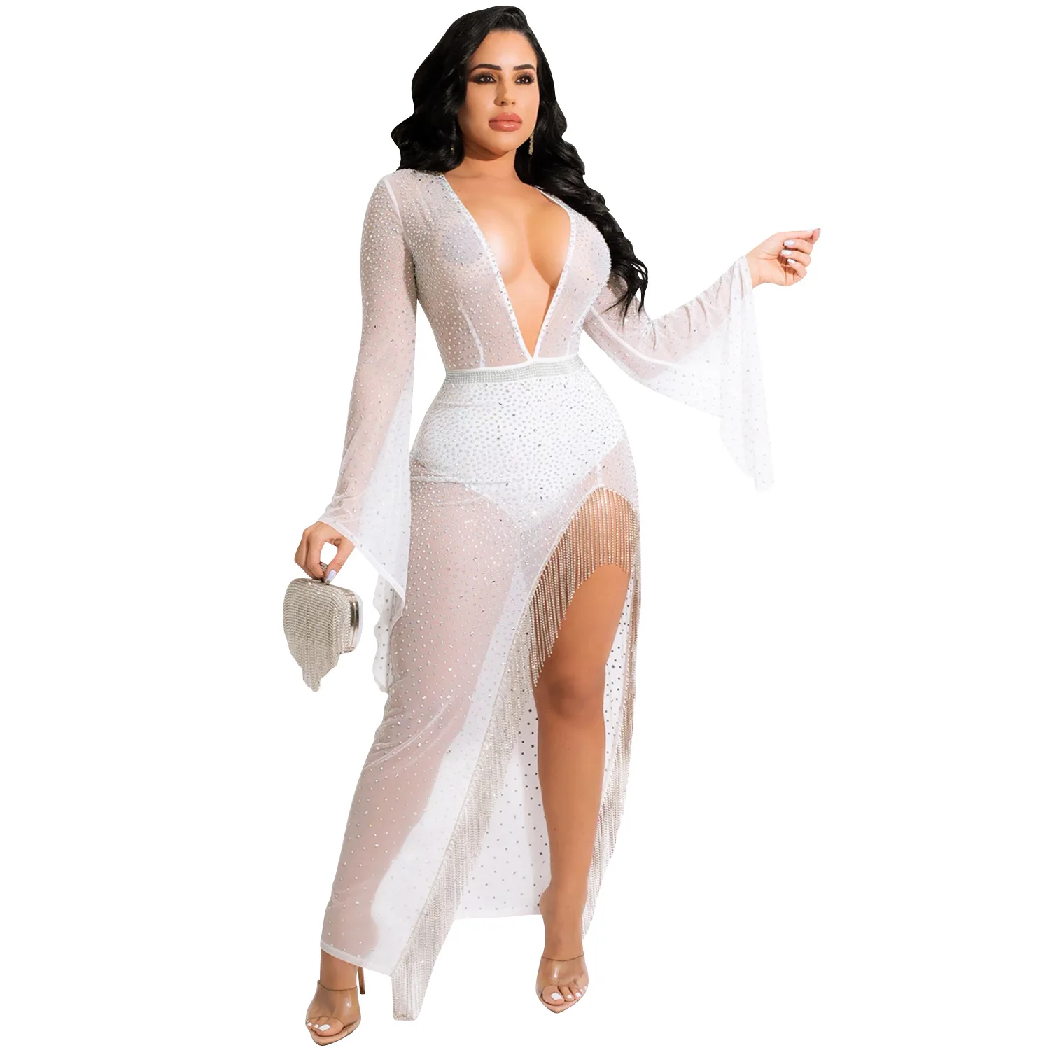 Women Diamonds Drill Flare Tassel Hem High Split Mesh See Though Maxi Dress Deep V Wide Sleeve Irregular Slit Long beard Dress