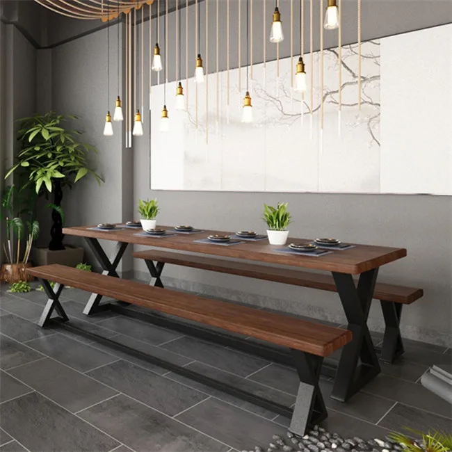 Iron solid wood dining table and chairs rectangular retro commercial light luxury milk tea shop card seat dining table